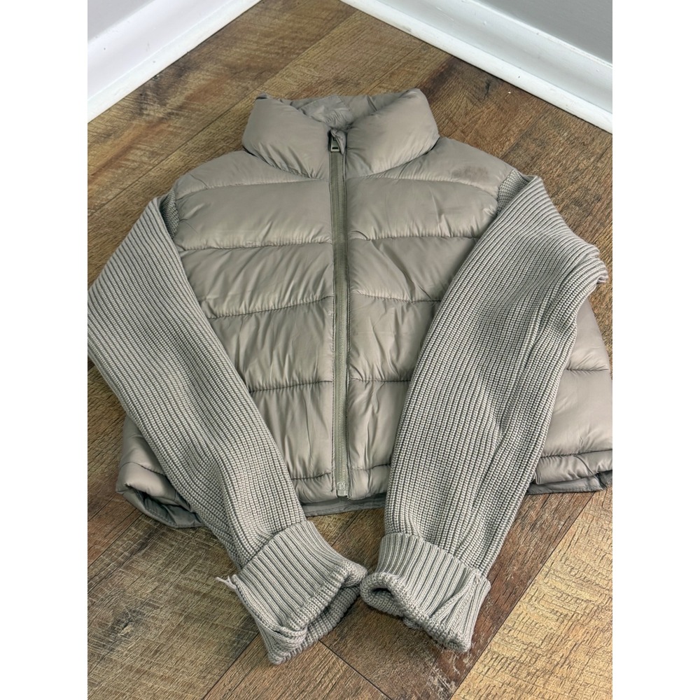 IRIS Womens Taupe Mixed Media Puffer Jacket Ribbed Knit Sleeves Size L Full Zip